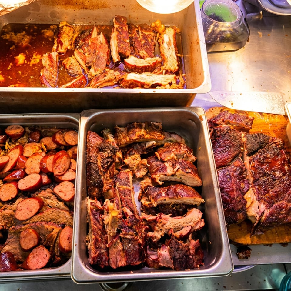 Hot buffet line with trays of BBQ ribs, pulled pork, and sliced sausage.