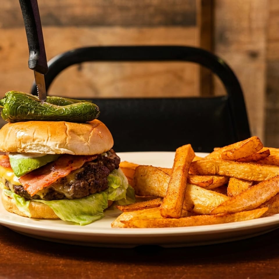 A large burger with bacon, avocado, and a pepper, skewered with a knife, alongside wedge fries.