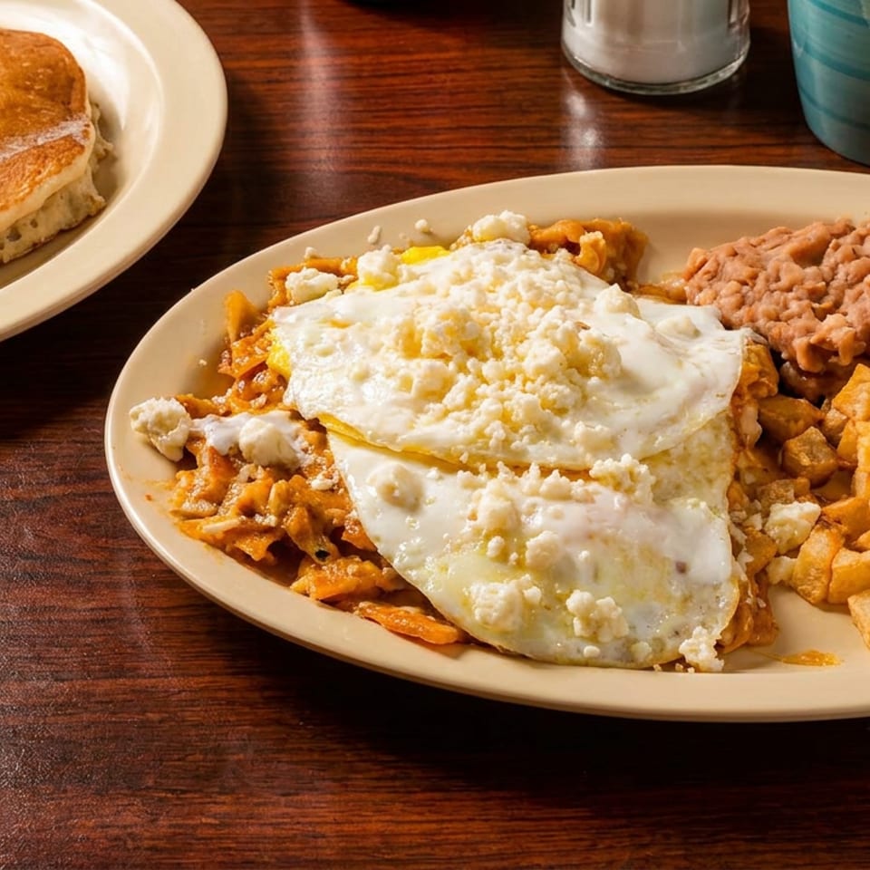 Hearty breakfast spread featuring pancakes, chilaquiles with eggs, refried beans, and crispy potatoes.